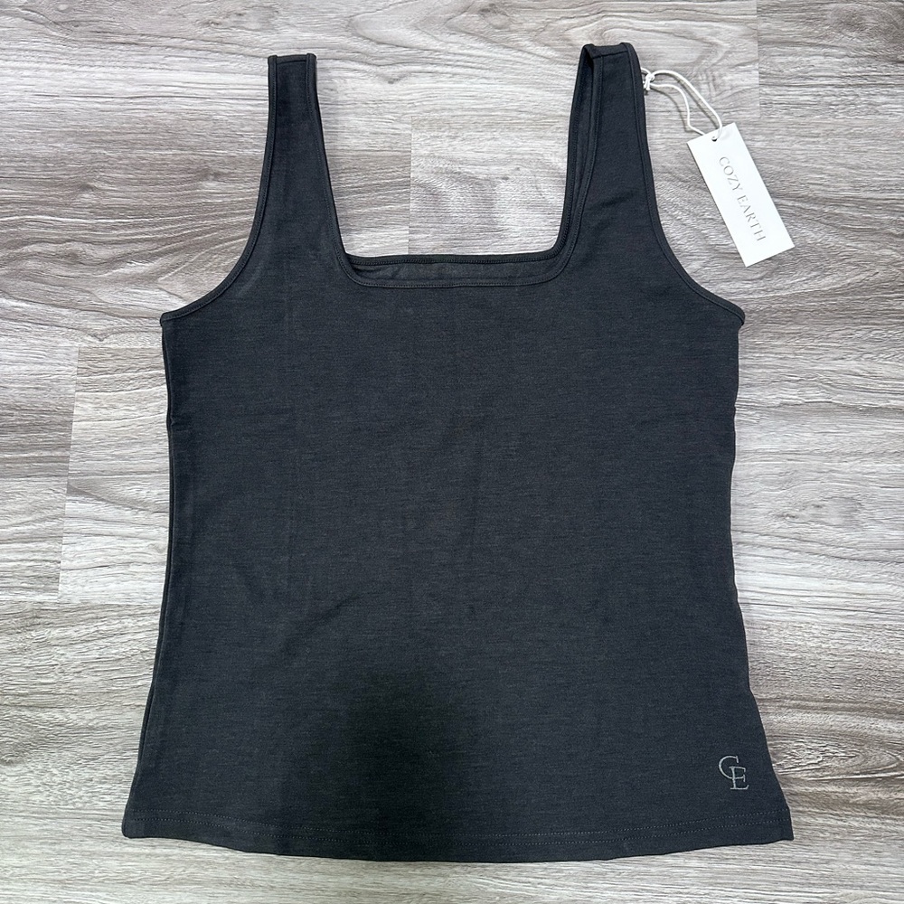 Cozy Earth Bamboo Square Neck Tank, Size Small, Charcoal